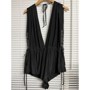 Free People HAH by Hot as Hell Black Romper‎ V Neck Lace Up Coquette Sexy